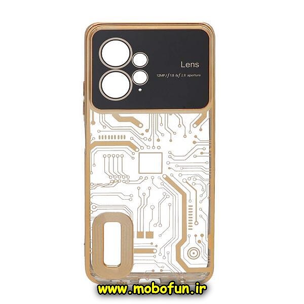 قاب گوشی Redmi Note 12 4G شیائومی طرح الکتروپلیتینگ مگ سیف ژله ای شفاف مدار برق اورجینال محافظ لنز دار طلایی کد 323
