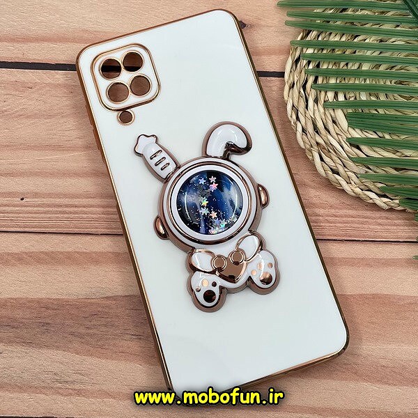 قاب گوشی Galaxy A12 - Galaxy M12 سامسونگ طرح ژله ای فضانورد آکواریومی مای کیس گلد لاین دور طلایی استندشو محافظ لنز دار سفید کد 1447