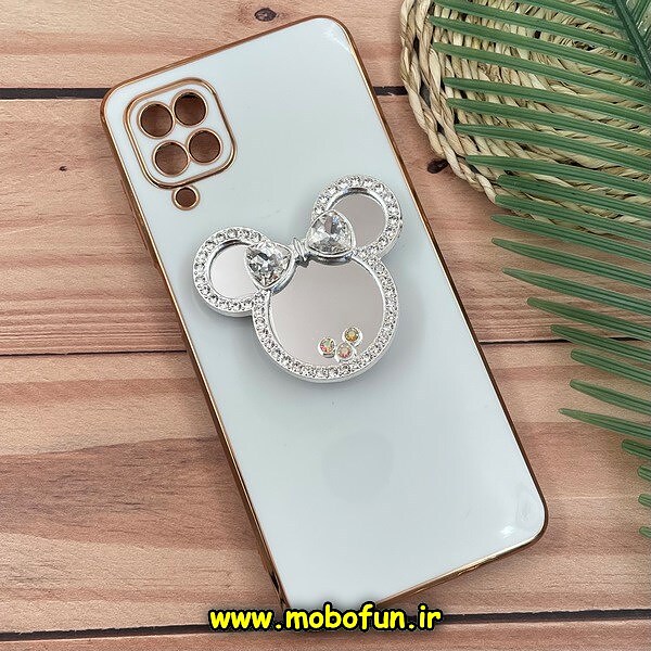 قاب گوشی Galaxy A12 - Galaxy M12 سامسونگ طرح ژله ای آینه ای نگین دار میکی موس مای کیس گلد لاین دور طلایی استندشو محافظ لنز دار سفید کد 1449