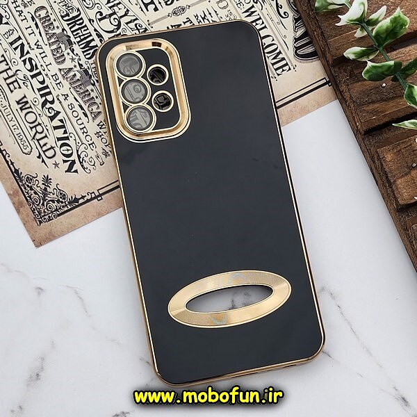 قاب گوشی Galaxy A23 4G سامسونگ طرح ژله ای مای کیس مگ سیف Magsafe گلد لاین دور طلایی محافظ لنز دار شیشه ای مشکی کد 524