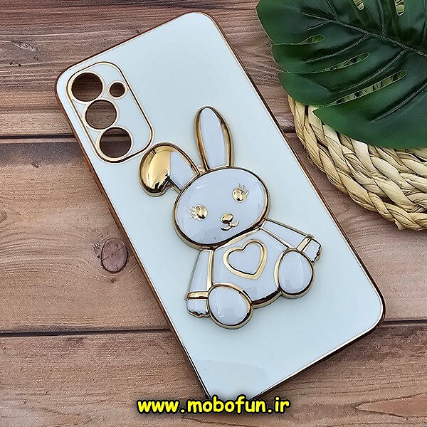 قاب گوشی Galaxy A34 5G سامسونگ طرح ژله ای خرگوشی استندشو مای کیس گلد لاین دور طلایی محافظ لنز دار سفید کد 522