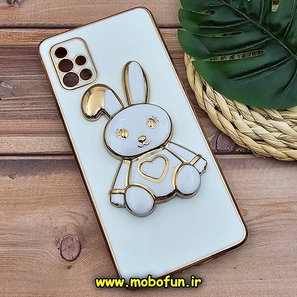 قاب گوشی Galaxy A51 سامسونگ طرح ژله ای خرگوشی استندشو مای کیس گلد لاین دور طلایی محافظ لنز دار سفید کد 940