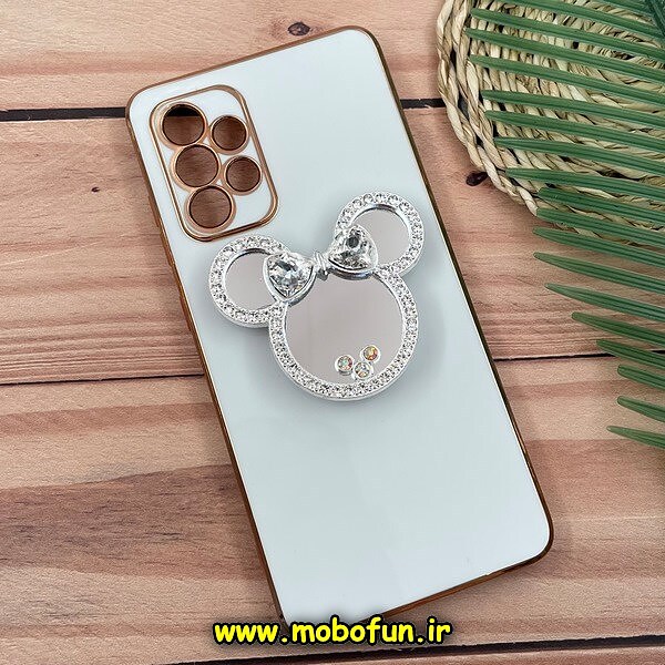 قاب گوشی Galaxy A52 4G - Galaxy A52 5G - Galaxy A52S سامسونگ طرح ژله ای آینه ای نگین دار میکی موس مای کیس گلد لاین دور طلایی استندشو محافظ لنز دار سفید کد 1257