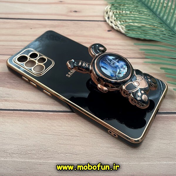 قاب گوشی Galaxy A72 سامسونگ طرح ژله ای فضانورد آکواریومی مای کیس گلد لاین دور طلایی استندشو محافظ لنز دار مشکی کد 580