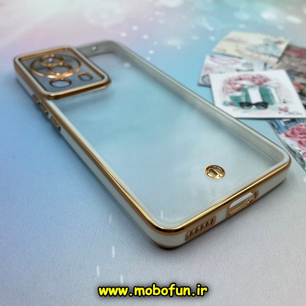 قاب گوشی Xiaomi 13 Lite شیائومی طرح الکتروپلیتینگ ژله ای شفاف اورجینال محافظ لنز دار شیشه ای سفید کد 67