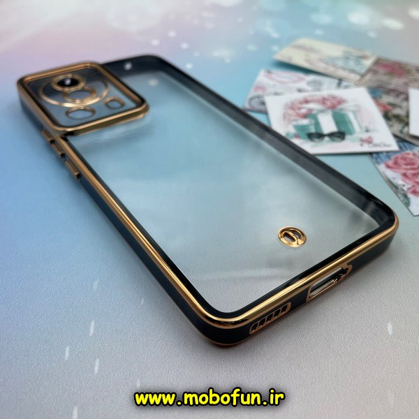 قاب گوشی Xiaomi 13 Lite شیائومی طرح الکتروپلیتینگ ژله ای شفاف اورجینال محافظ لنز دار شیشه ای مشکی کد 68