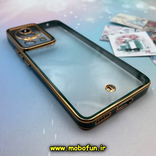 قاب گوشی Xiaomi 13 Lite شیائومی طرح الکتروپلیتینگ ژله ای شفاف اورجینال محافظ لنز دار شیشه ای سبز تیره کد 69