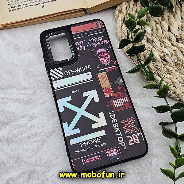 قاب گوشی Galaxy A12 - Galaxy M12 سامسونگ پشت گلس آینه ای CASETIFY طرح OFF-WHITE مات محافظ لنزدار مشکی کد 1461