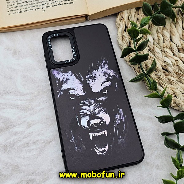 قاب گوشی Galaxy A12 - Galaxy M12 سامسونگ پشت گلس آینه ای CASETIFY طرح گرگ خشمگین مات محافظ لنزدار مشکی کد 1464