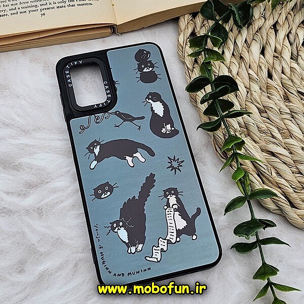 قاب گوشی Galaxy A12 - Galaxy M12 سامسونگ پشت گلس آینه ای CASETIFY طرح گربه بازیگوش مات محافظ لنزدار مشکی کد 1472