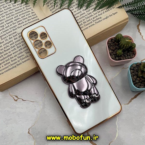 قاب گوشی Galaxy A32 4G سامسونگ طرح ژله ای خرسی تدی استندشو مای کیس گلد لاین دور طلایی محافظ لنز دار سفید کد 1060
