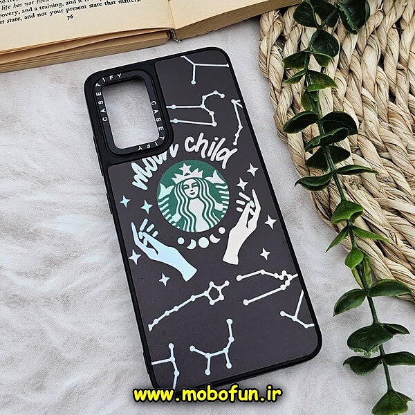 قاب گوشی Galaxy A32 4G سامسونگ پشت گلس آینه ای CASETIFY طرح استارباکس STARBUCKS مات محافظ لنزدار مشکی کد 1076