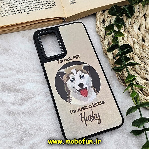 قاب گوشی Galaxy A32 4G سامسونگ پشت گلس آینه ای CASETIFY طرح سگ هاسکی کیوت مات محافظ لنزدار مشکی کد 1077