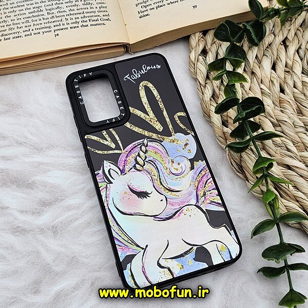 قاب گوشی Galaxy A32 4G سامسونگ پشت گلس آینه ای CASETIFY طرح یونیکورن تک شاخ مات محافظ لنزدار مشکی کد 1078