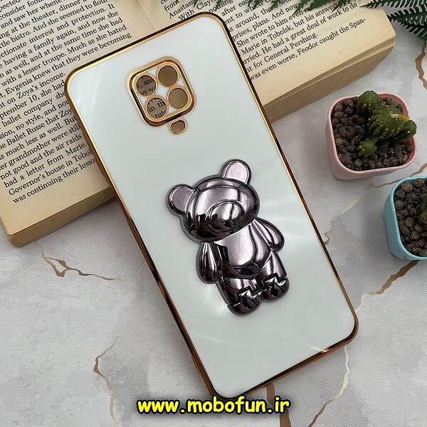 قاب گوشی Redmi Note 9s - Redmi Note 9 Pro شیائومی طرح ژله ای خرسی تدی استندشو مای کیس گلد لاین دور طلایی محافظ لنز دار سفید کد 1058
