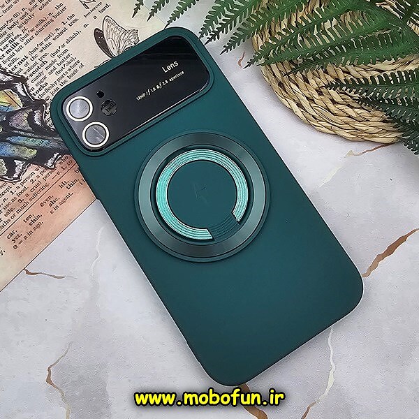 قاب گوشی iPhone 11 آیفون سیلیکونی اورجینال Camera Lens زیر بسته HD GLASS FILM محافظ لنز دار مگ سیف هولدر دار سبز تیره کد 648