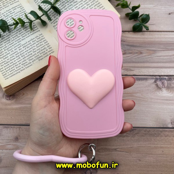 قاب گوشی iPhone 12 آیفون طرح بالشتی النگویی قلبی سه بعدی سیلیکونی محافظ لنز دار صورتی کد 866