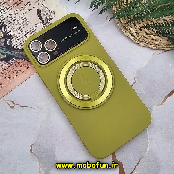 قاب گوشی iPhone 12 Pro آیفون سیلیکونی اورجینال Camera Lens زیر بسته HD GLASS FILM محافظ لنز دار مگ سیف هولدر دار زرد لیموئی کد 876