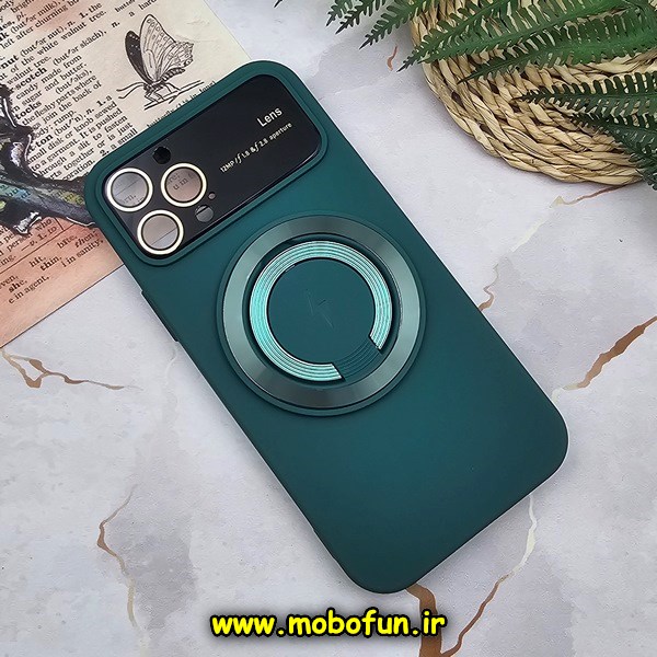 قاب گوشی iPhone 12 Pro آیفون سیلیکونی اورجینال Camera Lens زیر بسته HD GLASS FILM محافظ لنز دار مگ سیف هولدر دار سبز تیره کد 877