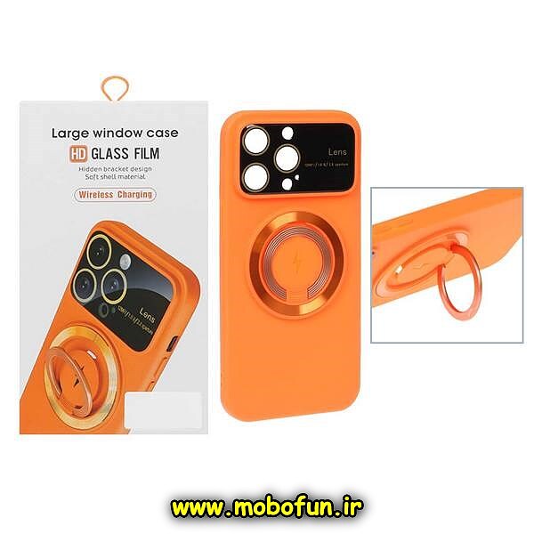 قاب گوشی iPhone 12 Pro Max آیفون سیلیکونی اورجینال Camera Lens زیر بسته HD GLASS FILM محافظ لنز دار مگ سیف هولدر دار نارنجی کد 765