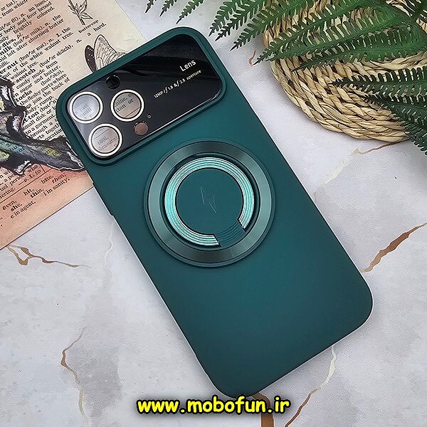 قاب گوشی iPhone 13 Pro Max آیفون سیلیکونی اورجینال Camera Lens زیر بسته HD GLASS FILM محافظ لنز دار مگ سیف هولدر دار سبز تیره کد 659