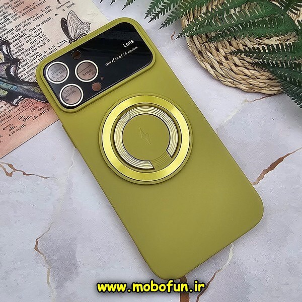 قاب گوشی iPhone 13 Pro Max آیفون سیلیکونی اورجینال Camera Lens زیر بسته HD GLASS FILM محافظ لنز دار مگ سیف هولدر دار زرد لیموئی کد 660
