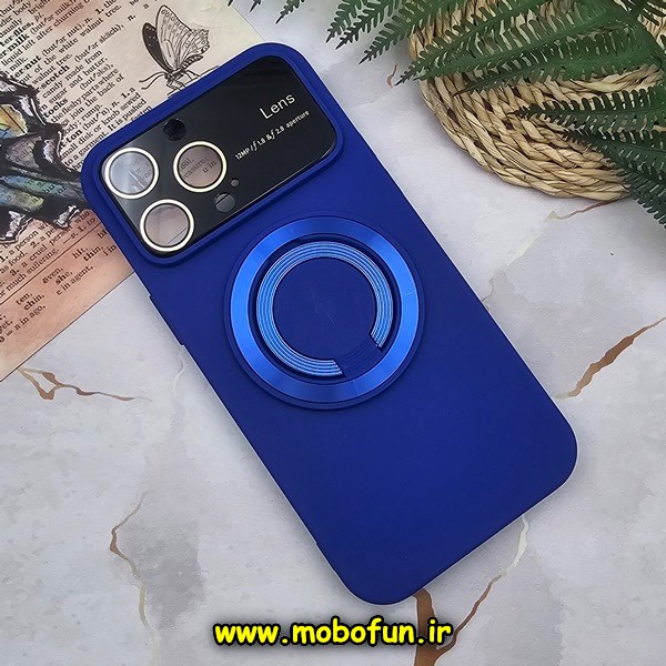 قاب گوشی iPhone 14 Pro Max آیفون سیلیکونی اورجینال Camera Lens زیر بسته HD GLASS FILM محافظ لنز دار مگ سیف هولدر دار آبی کاربنی کد E9-170032