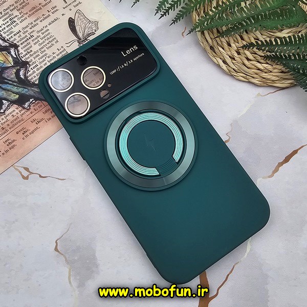 قاب گوشی iPhone 14 Pro Max آیفون سیلیکونی اورجینال Camera Lens زیر بسته HD GLASS FILM محافظ لنز دار مگ سیف هولدر دار سبز تیره کد E9-170029