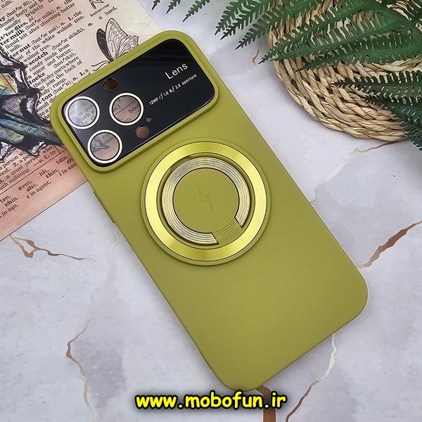 قاب گوشی iPhone 14 Pro Max آیفون سیلیکونی اورجینال Camera Lens زیر بسته HD GLASS FILM محافظ لنز دار مگ سیف هولدر دار زرد لیموئی کد E9-170030