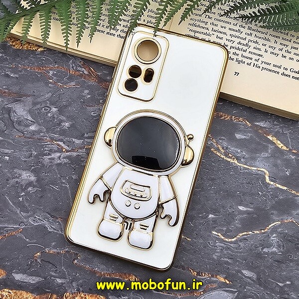 قاب گوشی Xiaomi 12 - Xiaomi 12X شیائومی طرح ژله ای فضانورد مای کیس گلد لاین دور طلایی محافظ لنز دار سفید کد 103