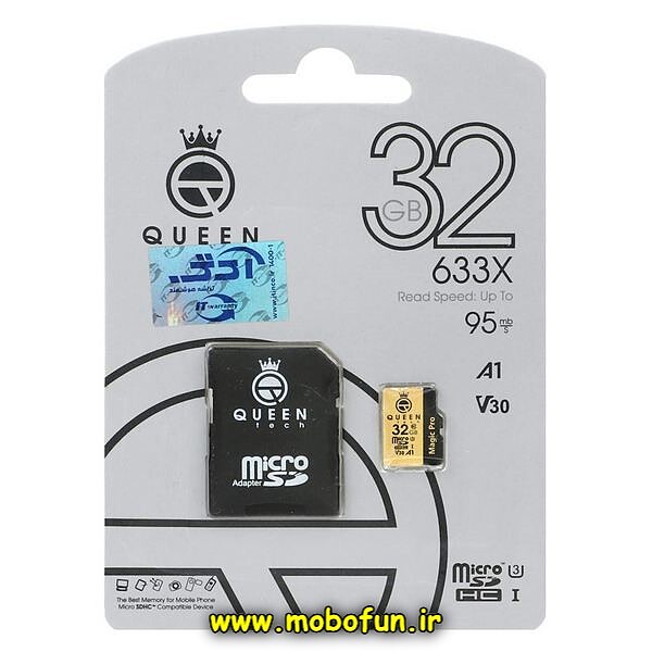 کارت حافظه 32 گیگابایت کوئین تک Queen tech مدل 633X با استاندارد U1 Class 10 و سرعت 95Mb/s به همراه آداپتور SD