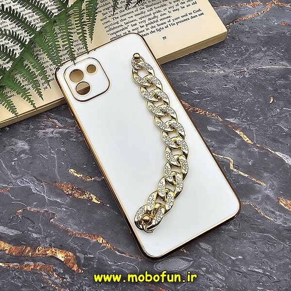 قاب گوشی Galaxy A03 2022 سامسونگ طرح مای کیس گلد لاین لاکچری دستبندی کارتیر نگینی محافظ لنز دار سفید کد 129