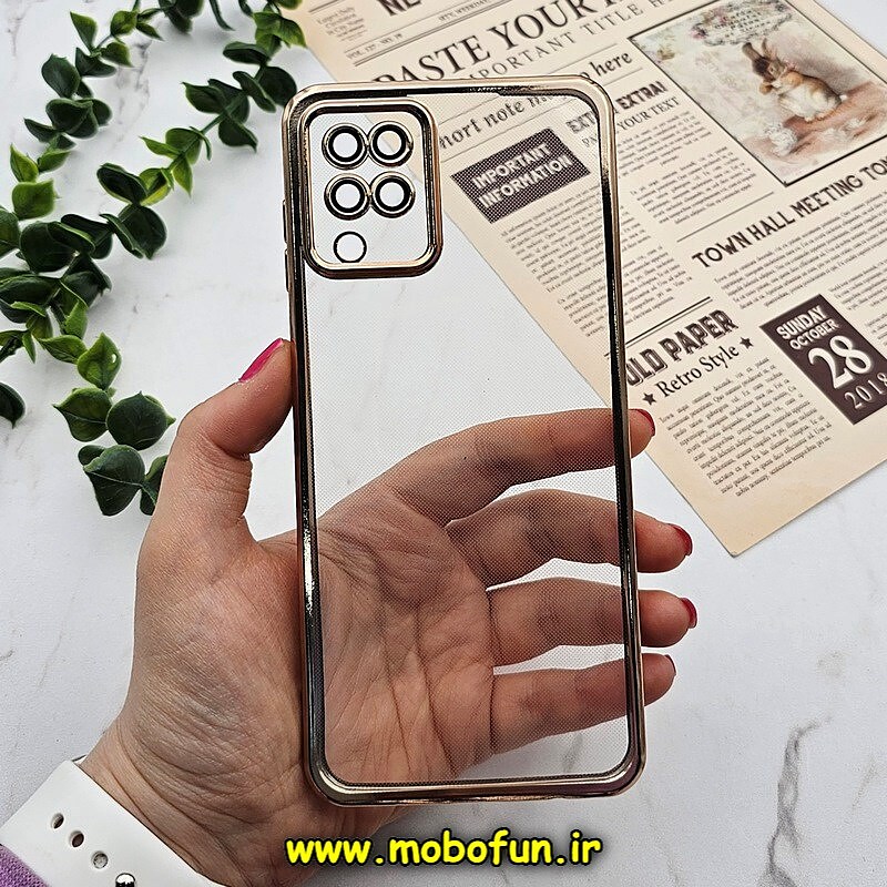 قاب گوشی Galaxy A12 - Galaxy M12 سامسونگ طرح الکتروپلیتینگ ژله ای شفاف اورجینال محافظ لنز دار گلد کد 1528