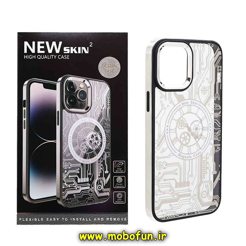 قاب گوشی iPhone 12 Pro Max آیفون طرح پشت طلق شفاف دور رنگی براق برند نیو اسکین NEW SKIN 2 طرح مگ سیف مداربرق نقره ای کد 799
