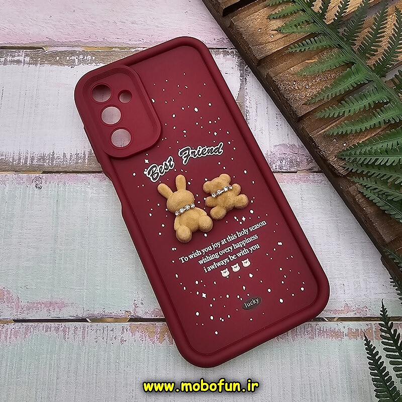 قاب گوشی Galaxy A14 4G - Galaxy A14 5G سامسونگ طرح سیلیکونی Solid عروسکی خرسی جیر محافظ لنزدار زرشکی کد 814