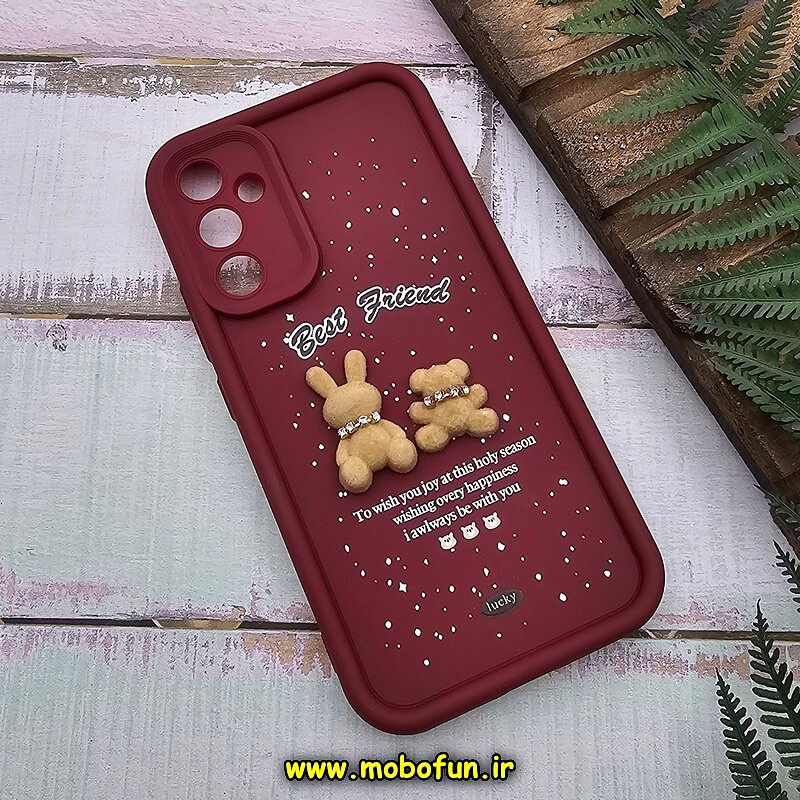 قاب گوشی Galaxy A34 سامسونگ طرح سیلیکونی Solid عروسکی خرسی جیر محافظ لنزدار زرشکی کد 623