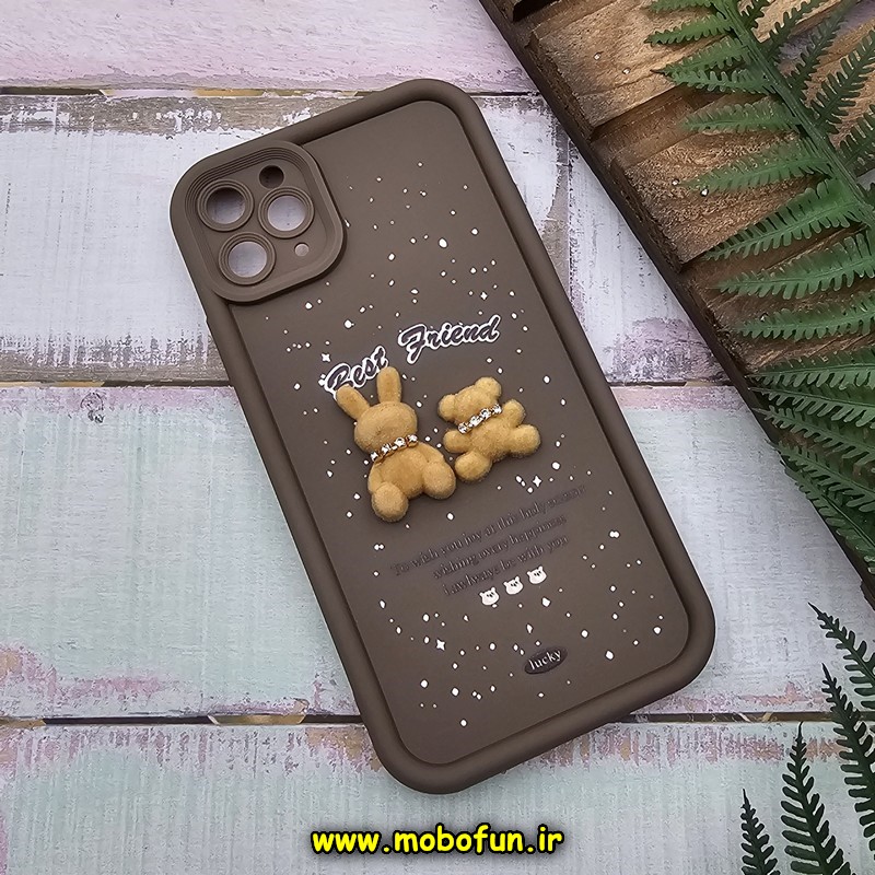 قاب گوشی iPhone 11 Pro Max آیفون طرح سیلیکونی Solid عروسکی خرسی جیر محافظ لنزدار نسکافه ای کد 707