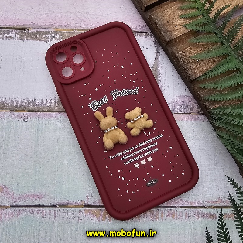 قاب گوشی iPhone 11 Pro Max آیفون طرح سیلیکونی Solid عروسکی خرسی جیر محافظ لنزدار زرشکی کد 708