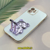 قاب گوشی iPhone 12 آیفون طرح ژله ای خرسی تدی استندشو مای کیس گلد لاین دور طلایی محافظ لنز دار سفید یاسی کد 919