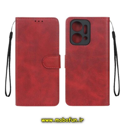 کیف گوشی Honor X7A آنر مگنتی طرح چرم کتابی محافظ لنزدار بنددار قرمز کد 62