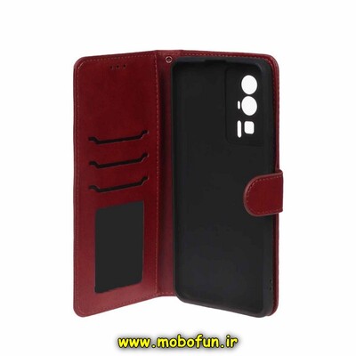 کیف گوشی Poco F5 Pro شیائومی مگنتی طرح چرم کتابی محافظ لنزدار بنددار قرمز کد 64