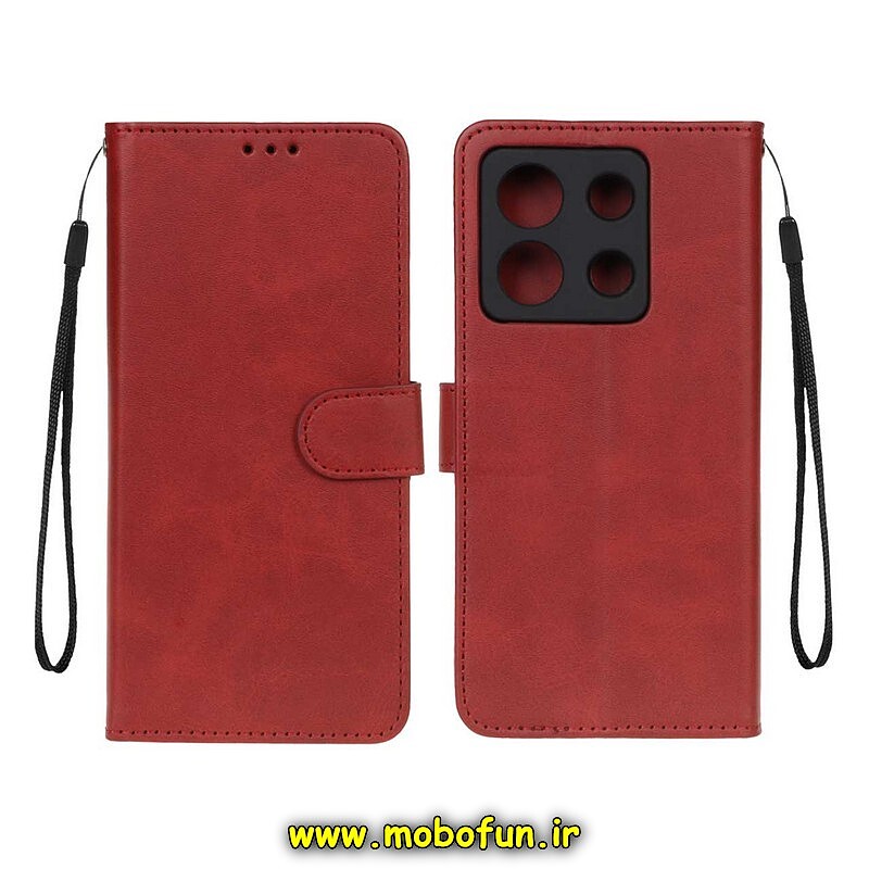 کیف گوشی Redmi Note 13 5G شیائومی مگنتی طرح چرم کتابی محافظ لنزدار بنددار قرمز کد 60