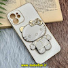 قاب گوشی iPhone 12 آیفون طرح ژله ای کیتی KITTY مای کیس گلد لاین آینه ای دور طلایی محافظ لنز دار سفید کد 934