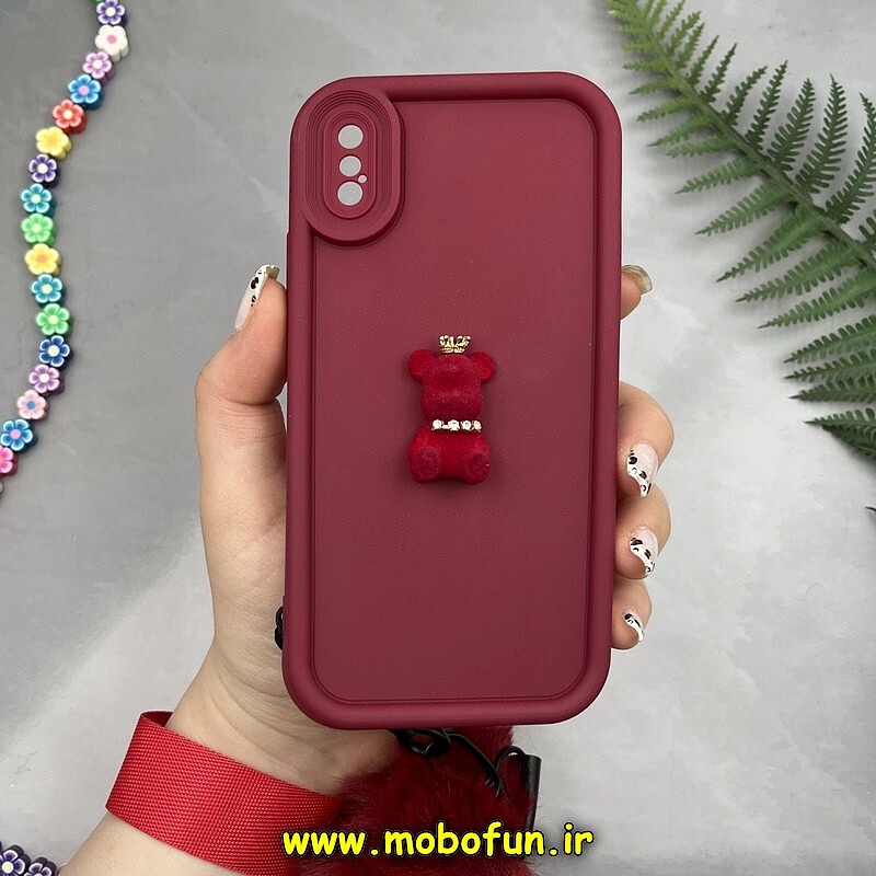 قاب گوشی iPhone X - iPhone XS آیفون طرح سیلیکونی Solid عروسکی خرسی جیر نگین دار بند دار پام پام محافظ لنزدار زرشکی کد 10166