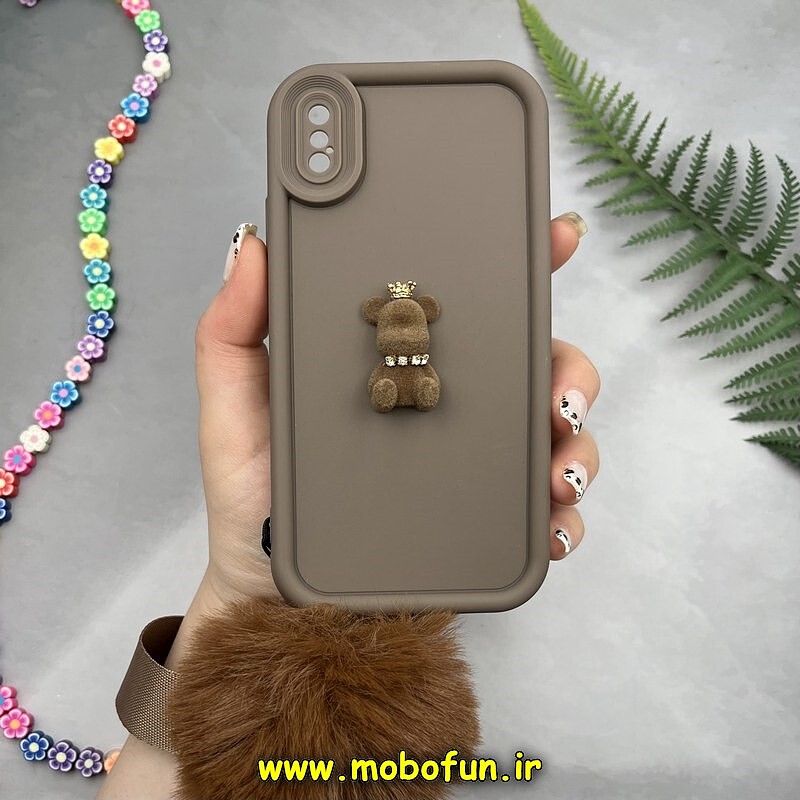 قاب گوشی iPhone X - iPhone XS آیفون طرح سیلیکونی Solid عروسکی خرسی جیر نگین دار بند دار پام پام محافظ لنزدار قهوه ای کد 10169