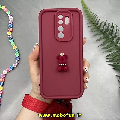 قاب گوشی Redmi Note 8 Pro شیائومی طرح سیلیکونی Solid عروسکی خرسی جیر نگین دار بند دار پام پام محافظ لنزدار زرشکی کد 10210