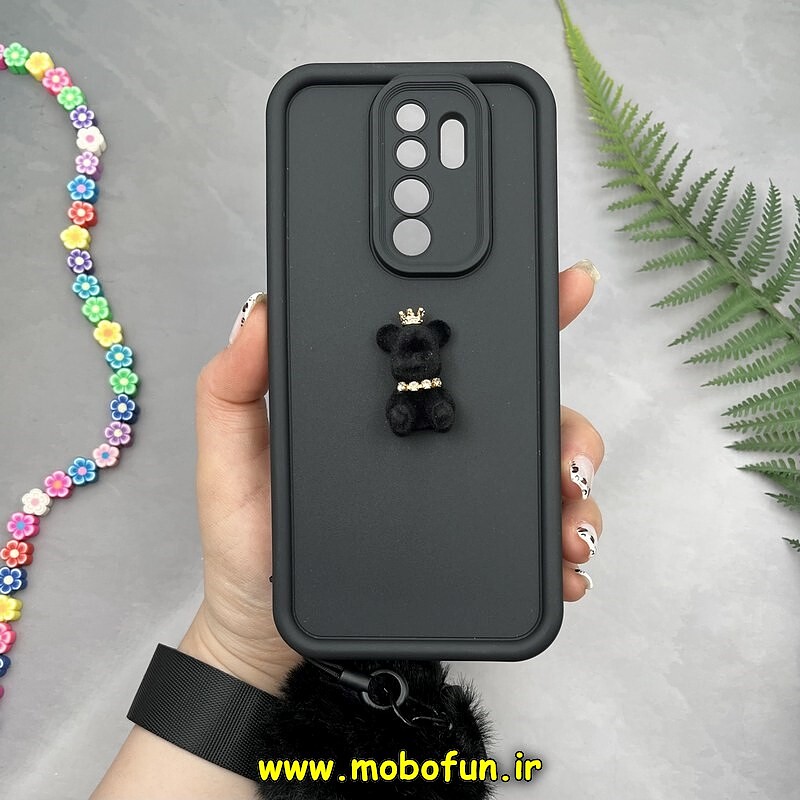 قاب گوشی Redmi Note 8 Pro شیائومی طرح سیلیکونی Solid عروسکی خرسی جیر نگین دار بند دار پام پام محافظ لنزدار مشکی کد 10211