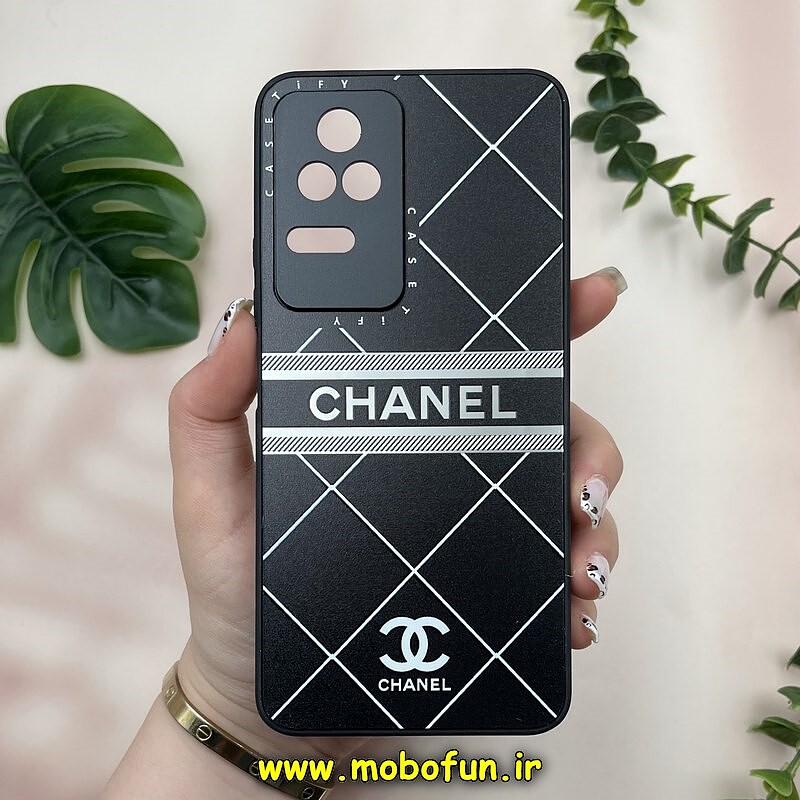 قاب گوشی Poco F4 - Redmi K40S شیائومی پشت گلس آینه ای CASETIFY طرح لاکچری شنل CHANEL محافظ لنزدار مشکی کد 20116