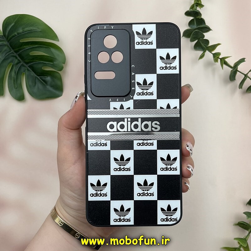 قاب گوشی Poco F4 - Redmi K40S شیائومی پشت گلس آینه ای CASETIFY طرح لاکچری آدیداس adidas محافظ لنزدار مشکی کد 20117