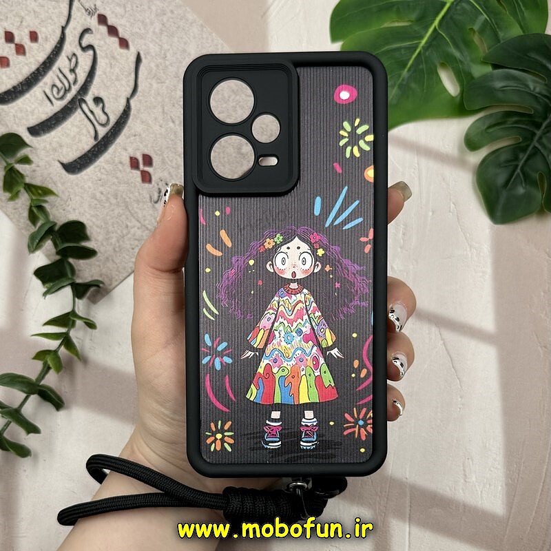 قاب گوشی Redmi Note 12 Pro Plus 5G - Redmi Note 12 Explorer شیائومی طرح سیلیکونی Solid چرمی کبریتی محافظ لنزدار بند دار کنفی طرح دخترونه مشکی کد 10839